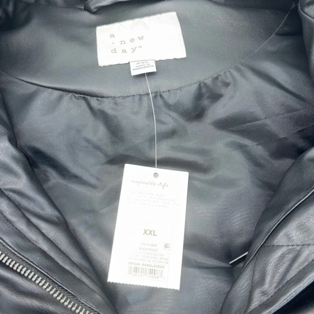 A New Day Black Faux Leather Puffer Vest XXL Quilted Zip Front Snap Closure New